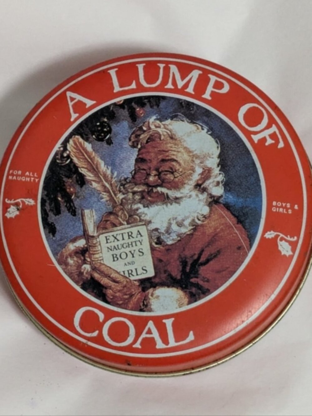 Vintage Round Red Santa Tin with 'A Lump of Coal' Design